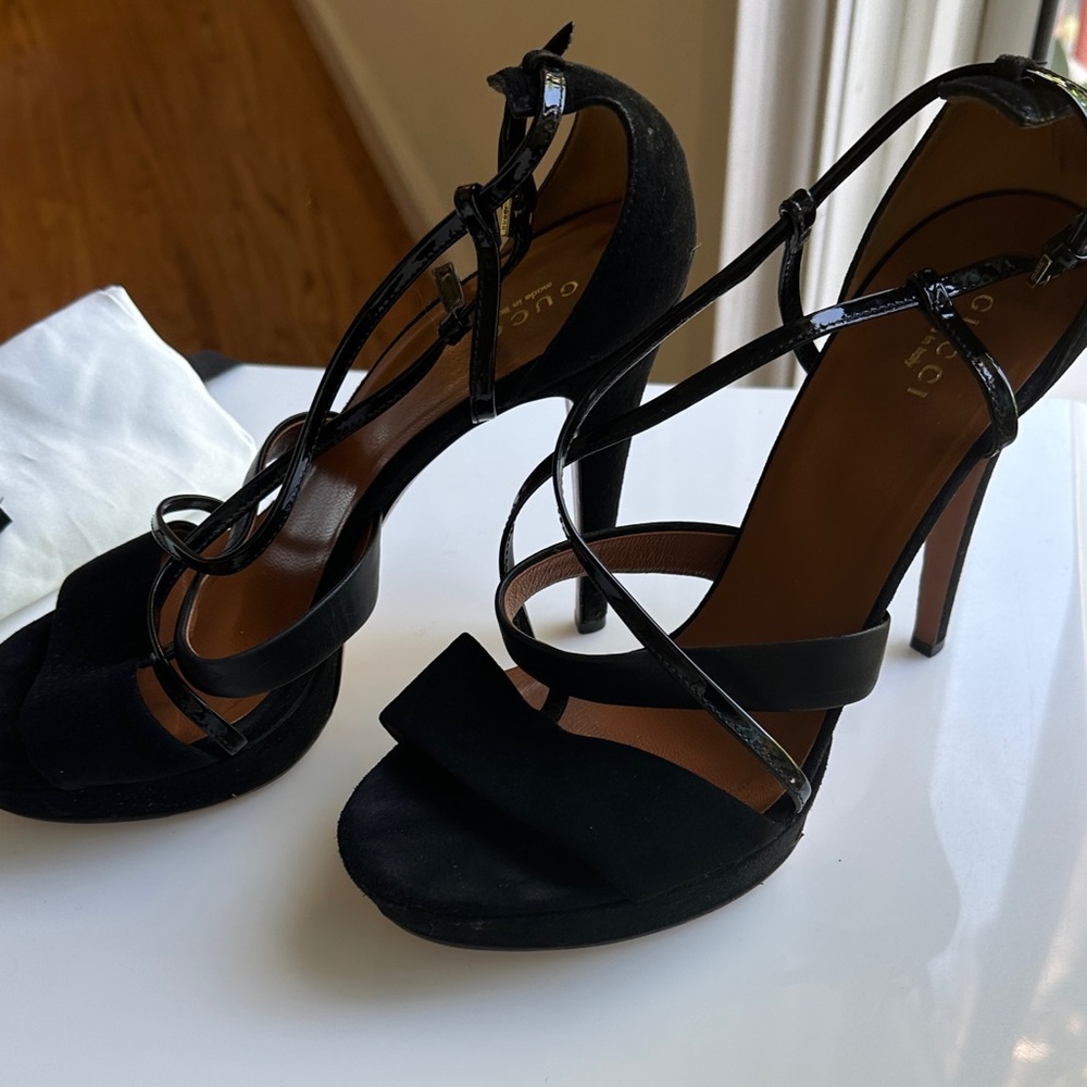 Gucci Black Suede Strappy High Heel Sandals with Patent Trim - Picture 3 of 9